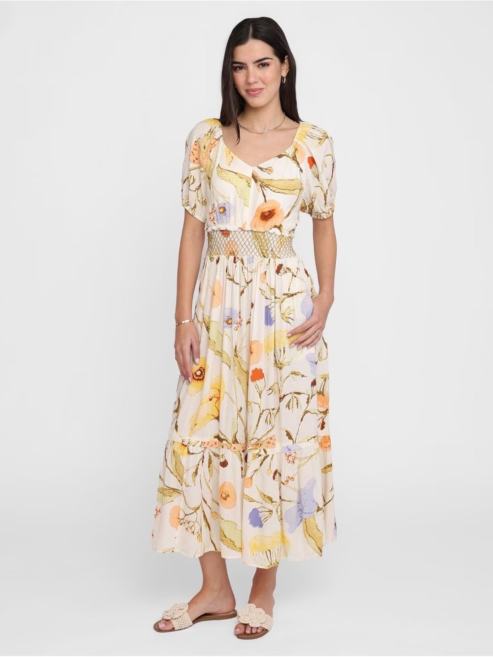 Devoted Short Sleeve Floral Smocked Dress, Sz L